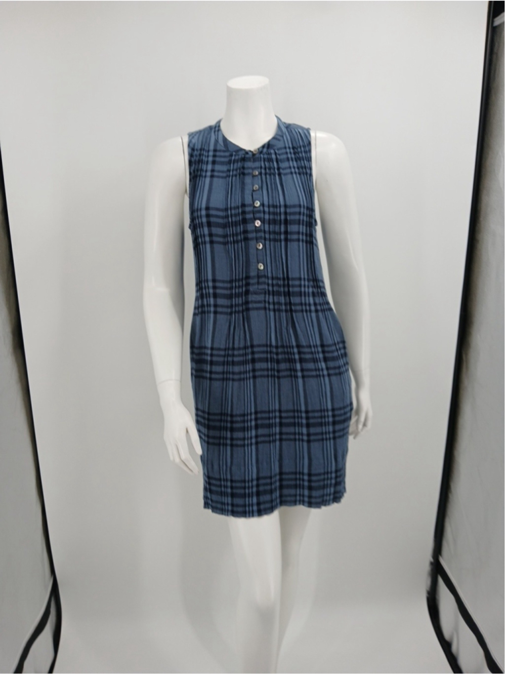 Faherty Blue Plaid Shift Dress Button Front Organic Cotton Modal Size XS Pockets